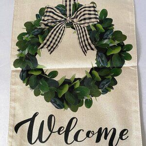 Welcome Banner Flag Eucalyptus Wreath With Buffalo Plaid Ribbon